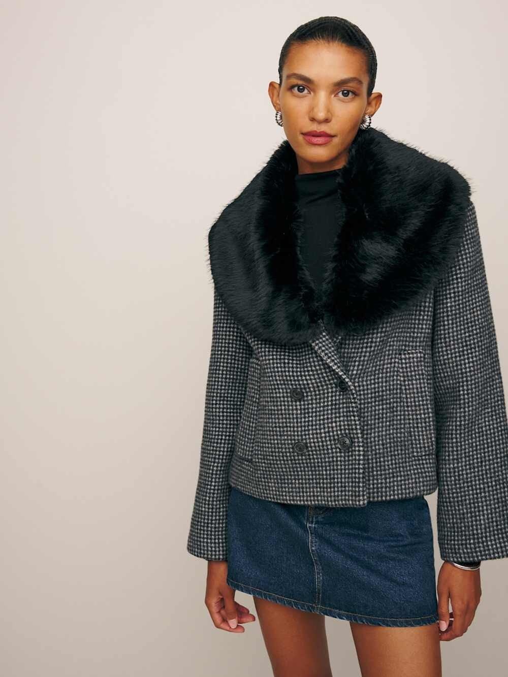Reformation Scarlet Wool-Blend Fur Jacket - XS - Black/White Houndstooth